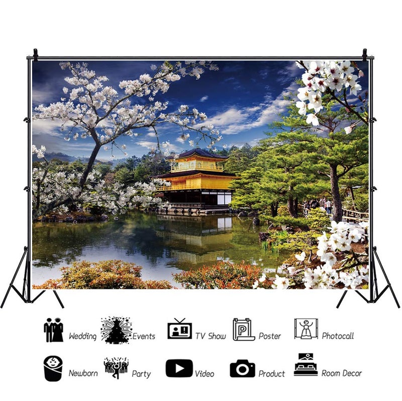 DORCEV Background for Spring Japan Scenery Photography Backdrop Japanese Temple White Cherry Landscape Asian Travel Themed Birthday Party Wedding Portrait Photo Studio Props Wallpaper - Image 2